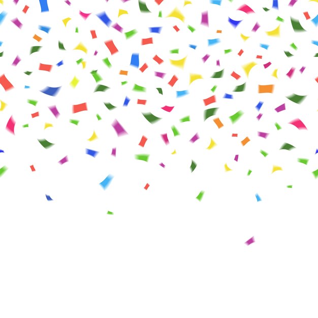 Plantilla de vector de confeti de colores vibrantes en los colores del arco iris en blanco con copyspace para el texto de su tarjeta de felicitación o invitación