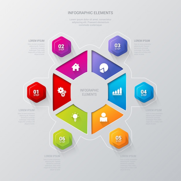 Plantilla de vector de infografía sector hexagonal multicolor 6 pasos.