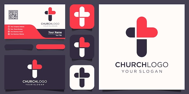 Plantilla de vector de logotipo de cruz cristiana combinada con icono de corazón. logotipo de la iglesia.