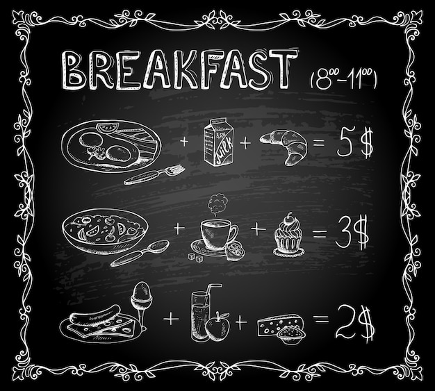 Vector gratuito plantilla de vector menú de pizarra de desayuno cartel vintage