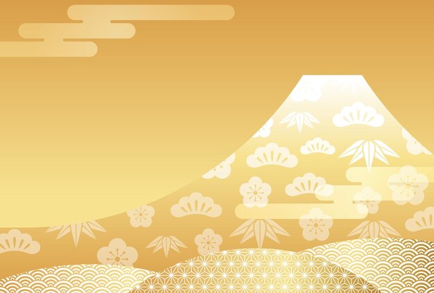 Plantilla de vector de tarjeta de año nuevo con Gol Mt. Fuji decorado con diseño vintage auspicioso japonés El