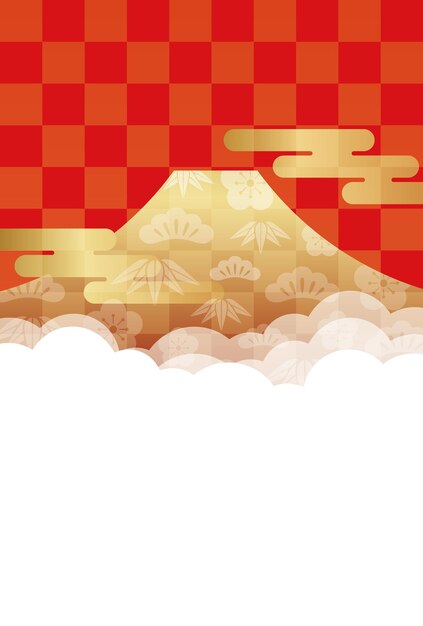 Plantilla de vector de tarjeta de año nuevo con oro Mt. Fuji, nubes y espacio de texto.
