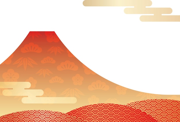 Plantilla de vector de tarjeta de año nuevo con rojo Mt. Fuji decorado con elementos de diseño vintage japonés.