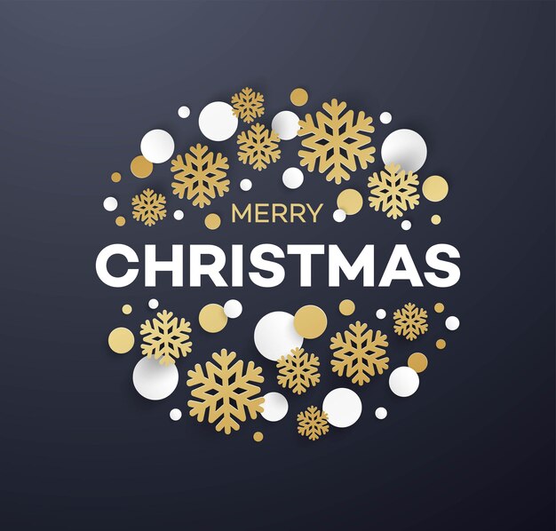 Plantilla de vector de tarjeta de felicitación de feliz Navidad. Letras navideñas con confeti de papel decorativo y copos de nieve. Decoraciones navideñas de papercut dorado y blanco. Elemento de diseño de color de cartel