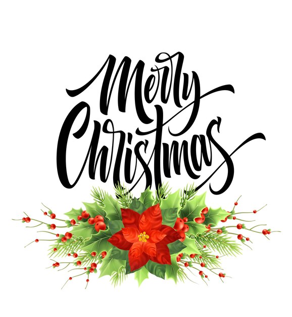 Plantilla de vector de tarjeta de felicitación de Navidad feliz. Letras de mano de Navidad. Acebo decorativo realista con bayas, flor de nochebuena roja, ilustración de abeto. Cartel, banner letras caligráficas aisladas