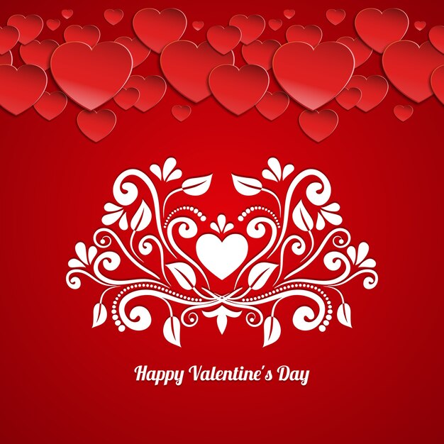 Plantilla de vector de tarjeta de feliz día de San Valentín con corazones de papel y patrón floral caligráfico