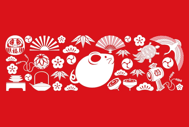 Vector gratuito plantilla vectorial de tarjeta de año nuevo con el icono del año de la rata y una variedad de amuletos de la suerte japoneses.