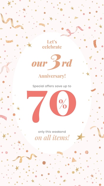 Plantilla de venta de aniversario con 70% de descuento para publicaciones en redes sociales