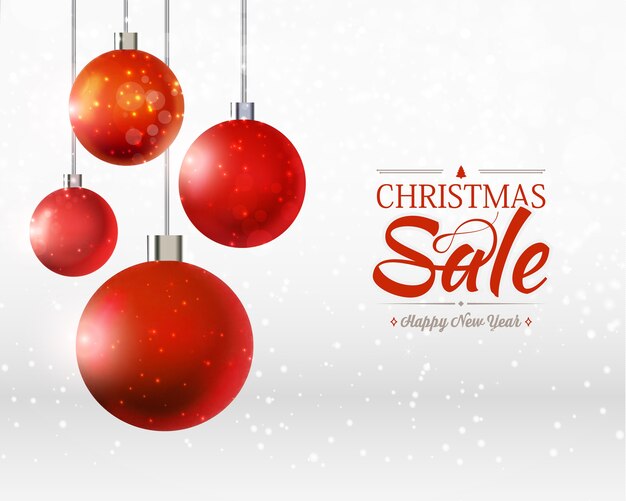 Plantilla de venta de navidad y feliz año nuevo con adornos de cuatro bolas, cintas en gris y blanco