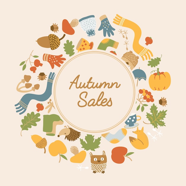 Vector gratuito plantilla de ventas de otoño abstracto con texto en marco redondo y coloridos elementos de temporada