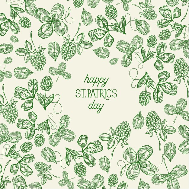 Plantilla verde Vintage St Patricks Day con inscripción boceto trébol irlandés y trébol de cuatro hojas ilustración vectorial