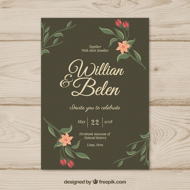 Plantilla vintage de invitación de boda con estilo floral