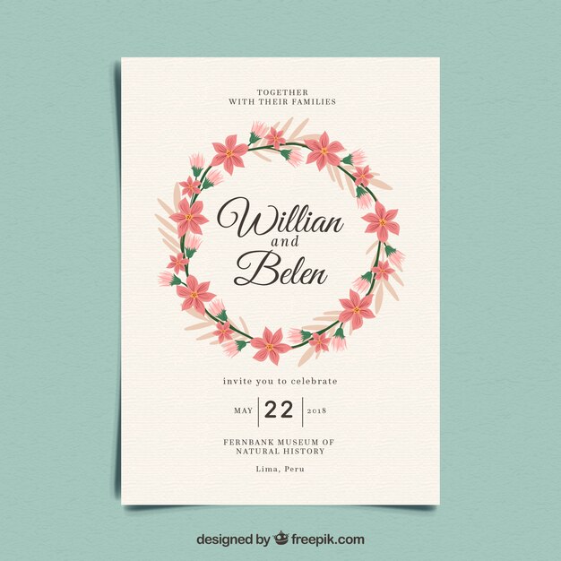 Plantilla vintage de invitación de boda con estilo floral