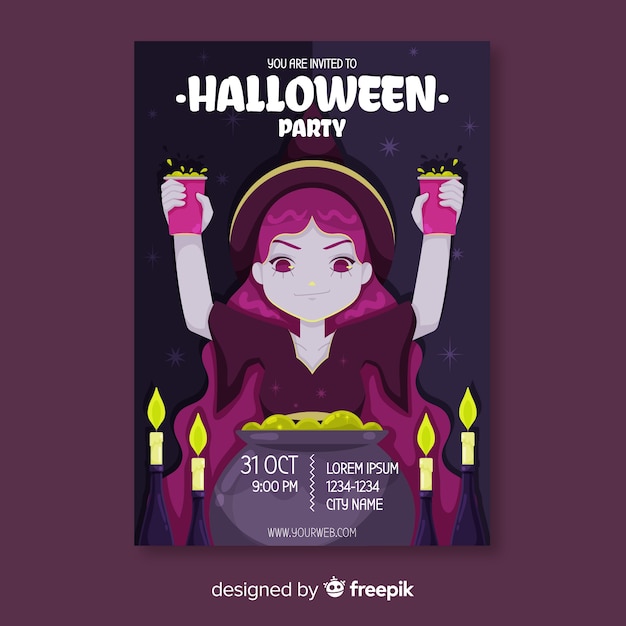 Vector gratuito plantilla de volante - bruja con veneno en las manos de halloween