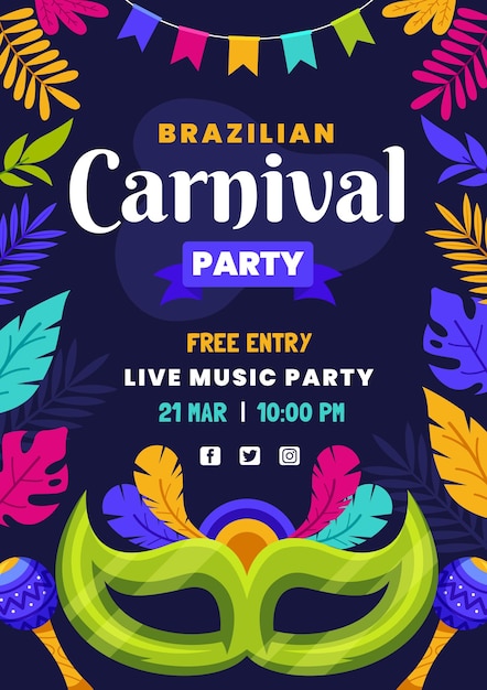 Vector gratuito plantilla de volante de carnaval brasileño de diseño plano