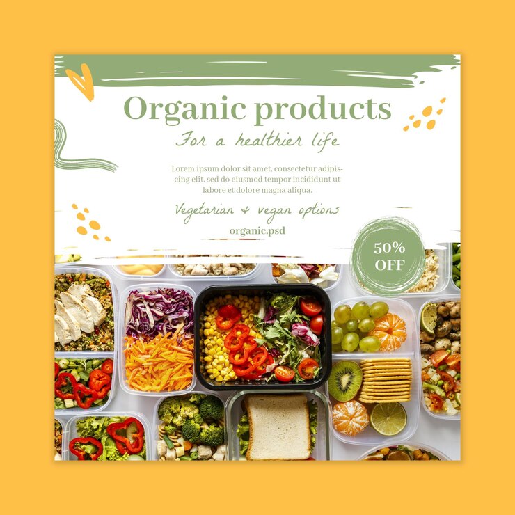 Vector gratuito plantilla de volante cuadrado de alimentos bio y saludables