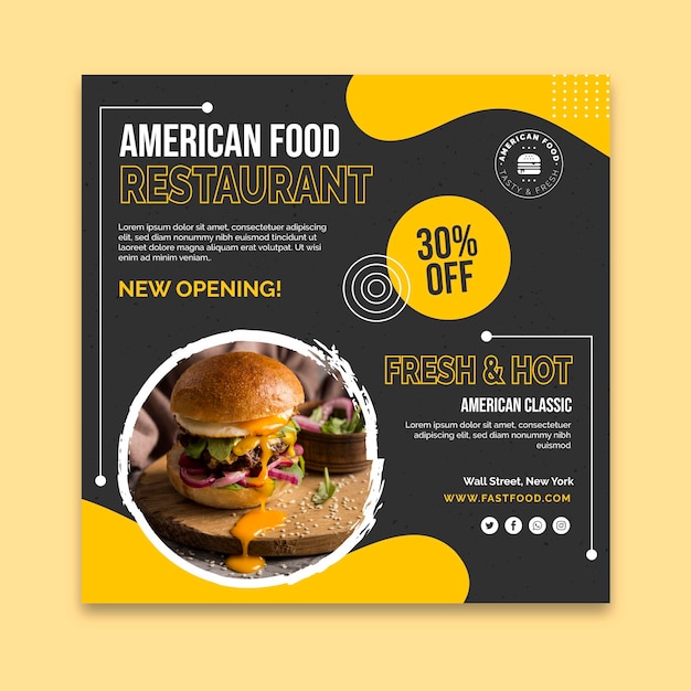 Plantilla de volante cuadrado de comida rápida americana