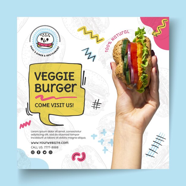 Vector gratuito plantilla de volante cuadrado de hamburguesa vegetariana de comida americana