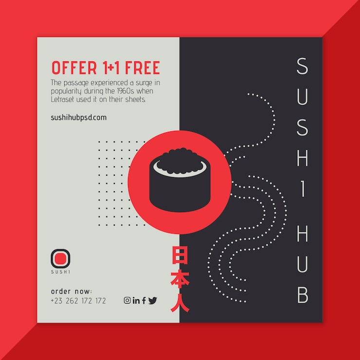 Vector gratuito plantilla de volante cuadrado de sushi hub