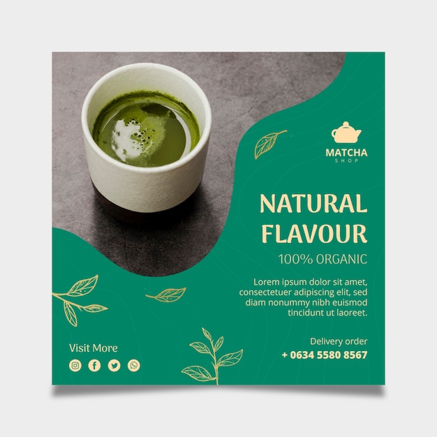 Vector gratuito plantilla de volante cuadrado para té matcha