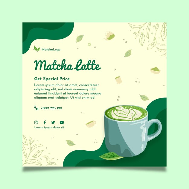 Vector gratuito plantilla de volante cuadrado de té matcha