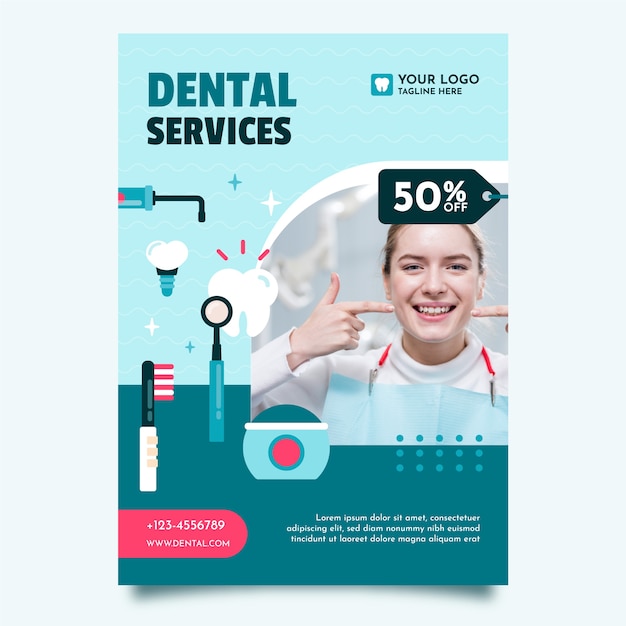 Vector gratuito plantilla de volante dental de diseño plano