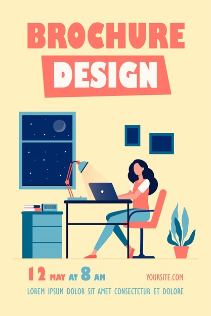 Plantilla de volante de diseñadora trabajando hasta tarde en la habitación
