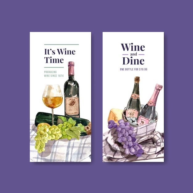 Plantilla de volante con diseño de concepto de granja de vino para folleto y marketing ilustración acuarela.