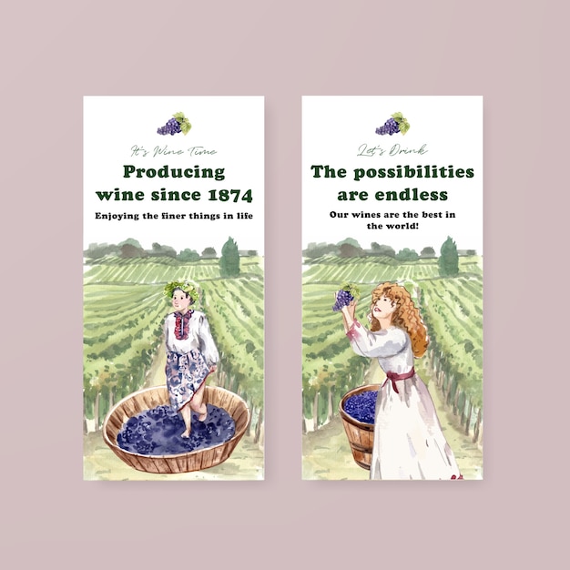 Plantilla de volante con diseño de concepto de granja de vino para folleto y marketing ilustración acuarela.