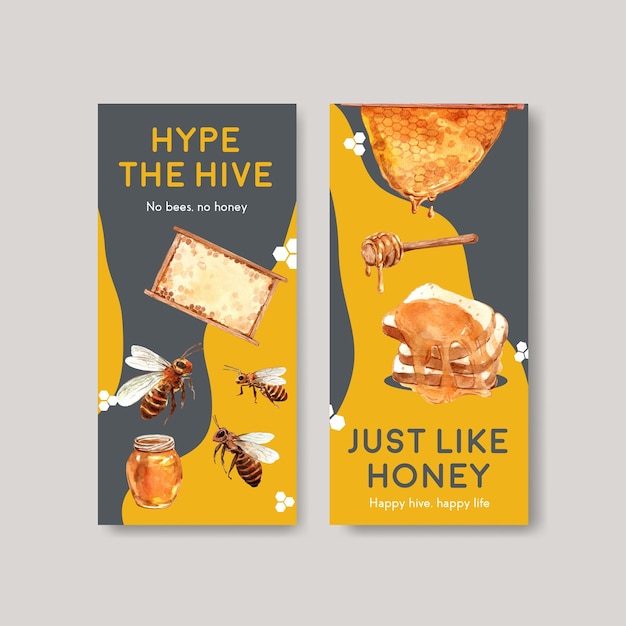 Plantilla de volante con diseño de concepto de miel para folleto y folleto ilustración de vector de acuarela