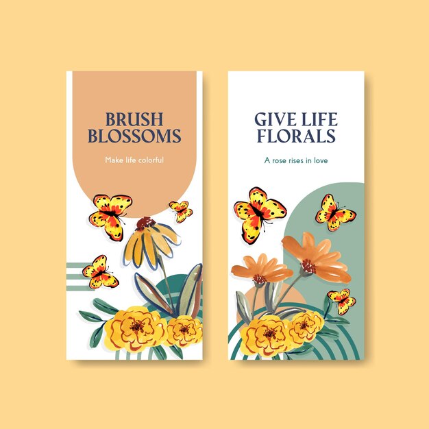 Plantilla de volante con diseño de concepto de pincel florales para folletos y folletos acuarela