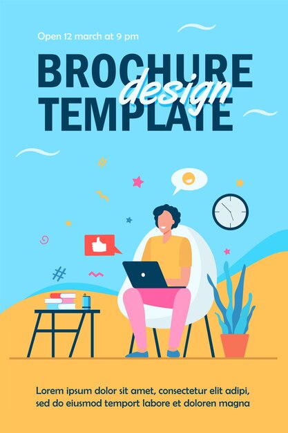 Plantilla de volante feliz freelancer con computadora en casa