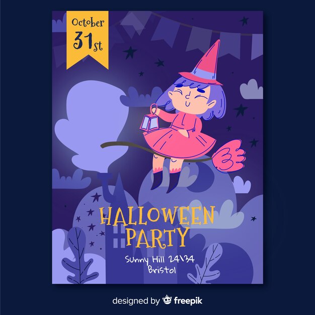Plantilla de volante de fiesta de halloween bruja dibujada a mano