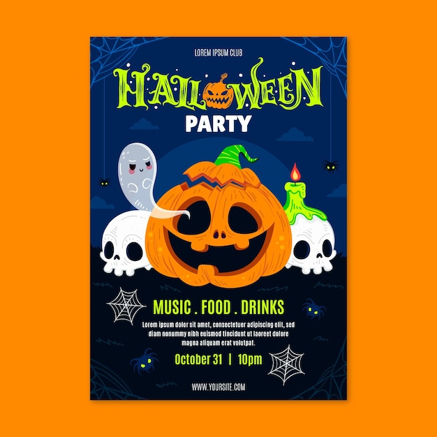 Vector gratuito plantilla de volante de fiesta de halloween vertical plana dibujada a mano