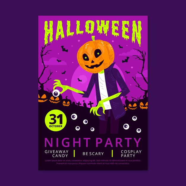 Plantilla de volante de fiesta de halloween vertical plana dibujada a mano