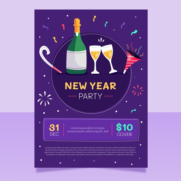 Plantilla de volante de fiesta vertical de año nuevo plano dibujado a mano