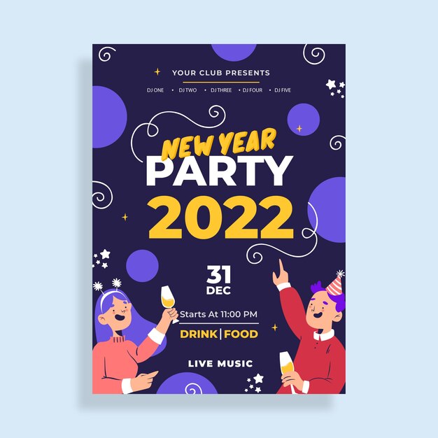 Plantilla de volante de fiesta vertical de año nuevo plano dibujado a mano