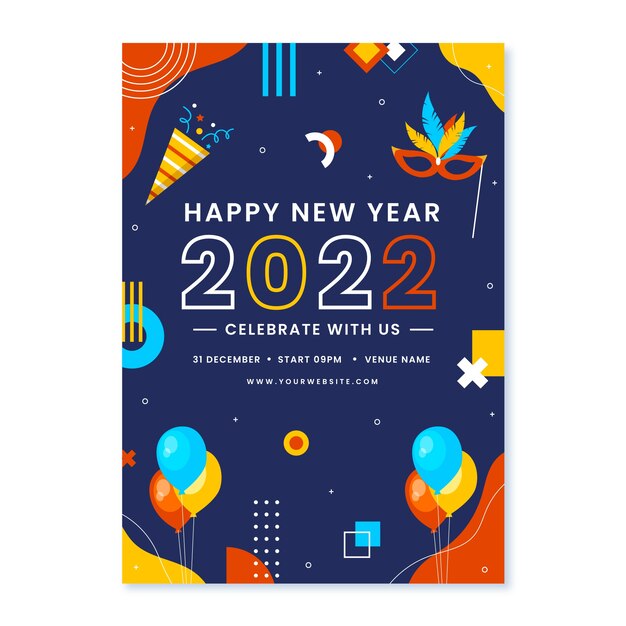 Plantilla de volante de fiesta vertical de año nuevo plano dibujado a mano