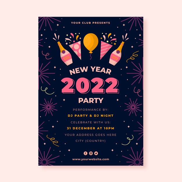 Plantilla de volante de fiesta vertical de año nuevo plano