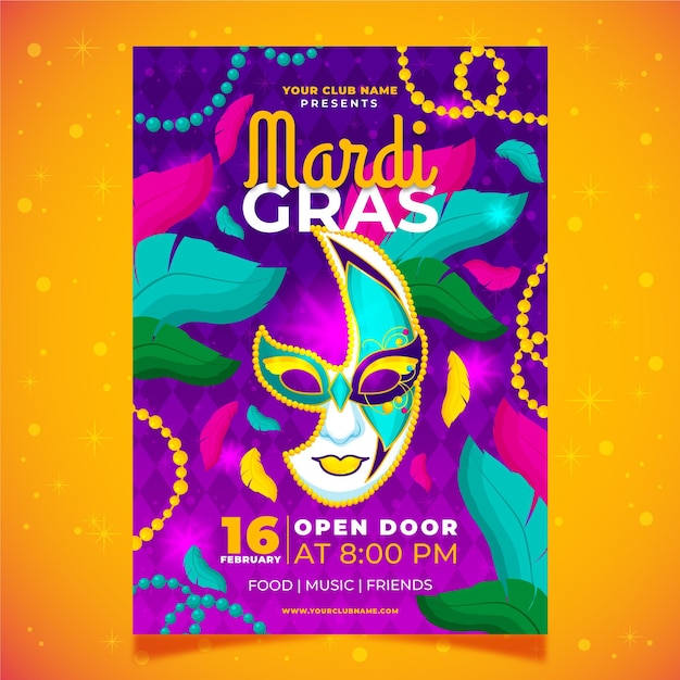 Vector gratuito plantilla de volante de mardi gras dibujado a mano