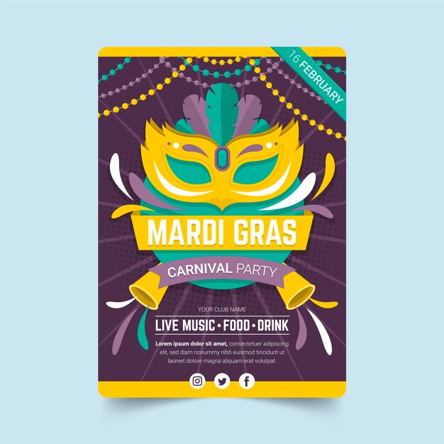 Vector gratuito plantilla de volante de mardi gras plano