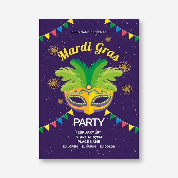 Vector gratuito plantilla de volante plano mardi gras