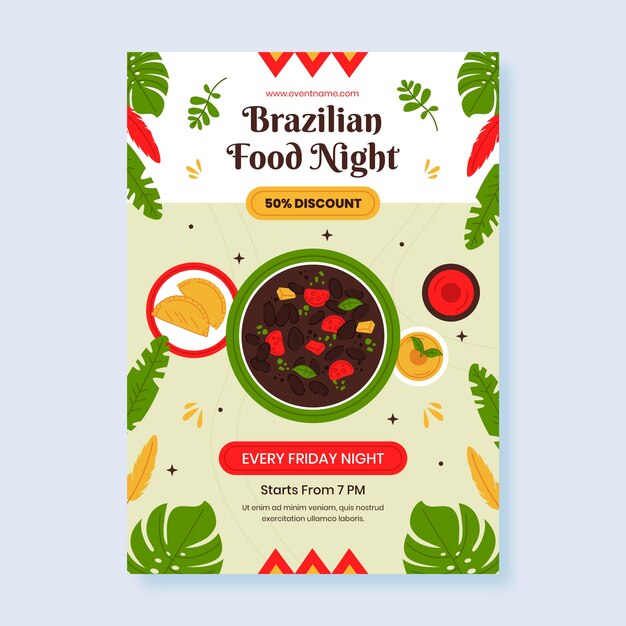 Plantilla de volante de productos alimenticios brasileños dibujados a mano