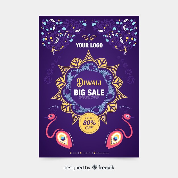 Plantilla de volante de venta de diwali de diseño plano