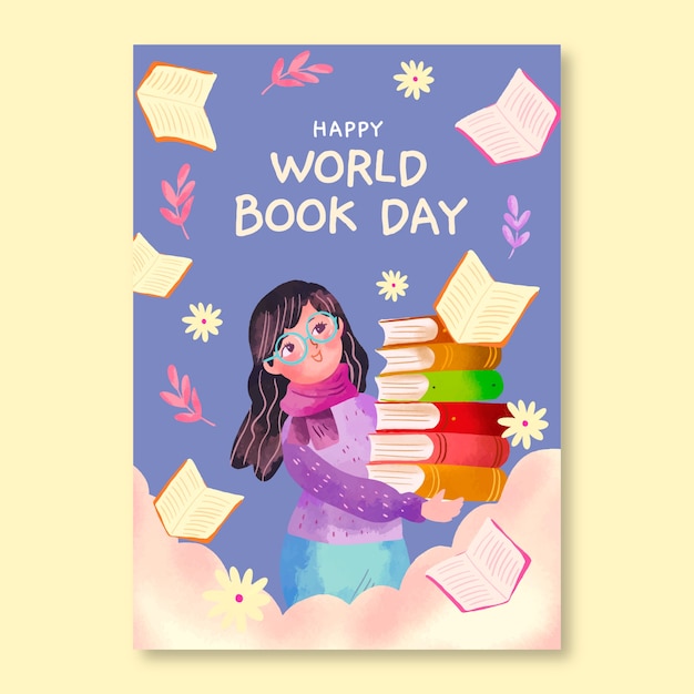 Plantilla de volante vertical de acuarela para la celebración del día mundial del libro