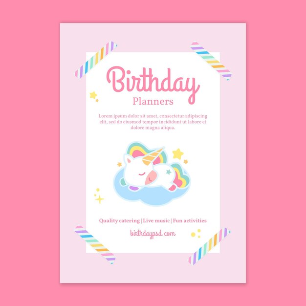 Plantilla de volante vertical de cumpleaños infantil unicornio