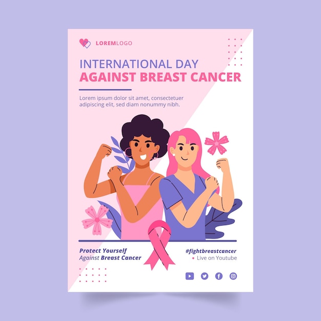 Plantilla de volante vertical del día internacional plano dibujado a mano contra el cáncer de mama