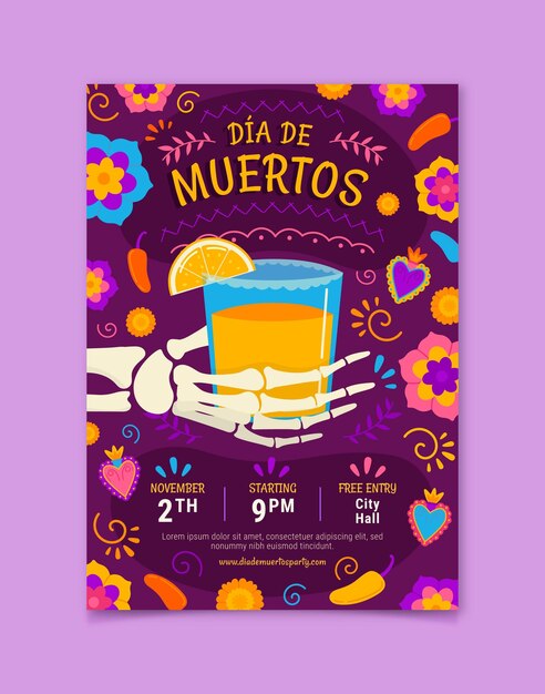 Plantilla de volante vertical de dia de muertos plano dibujado a mano