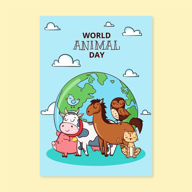 Plantilla de volante vertical del día mundial de los animales dibujados a mano