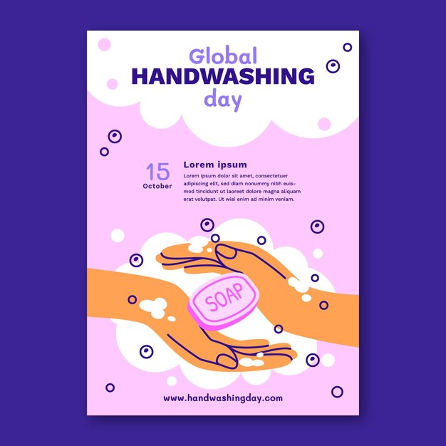 Plantilla de volante vertical del día mundial del lavado de manos plano dibujado a mano